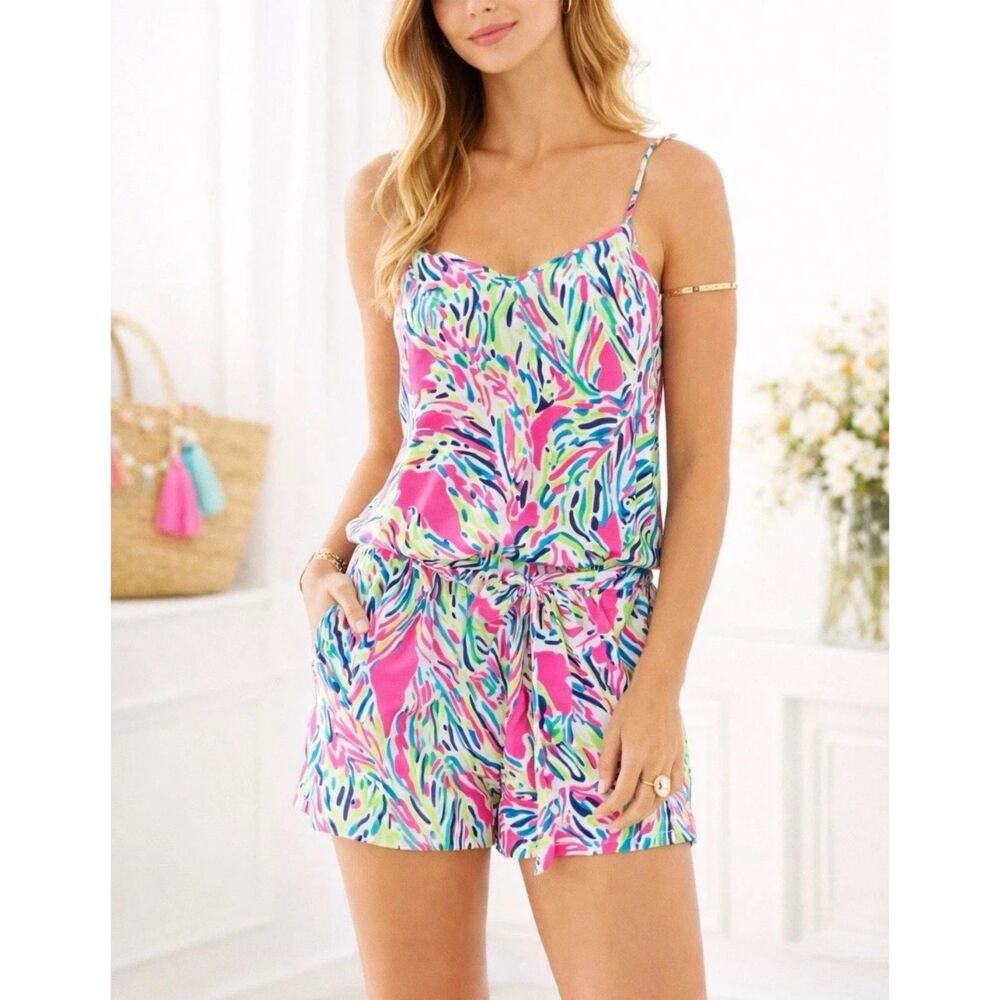 Lilly Pulitzer Palm Reader Dusk Romper M Blue Pink Tropical Belted Summer